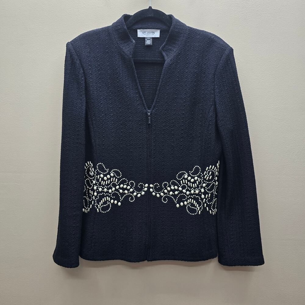 St. John Collection Zip Up Knit Jacket Size 12 Embellishments Academic Black
